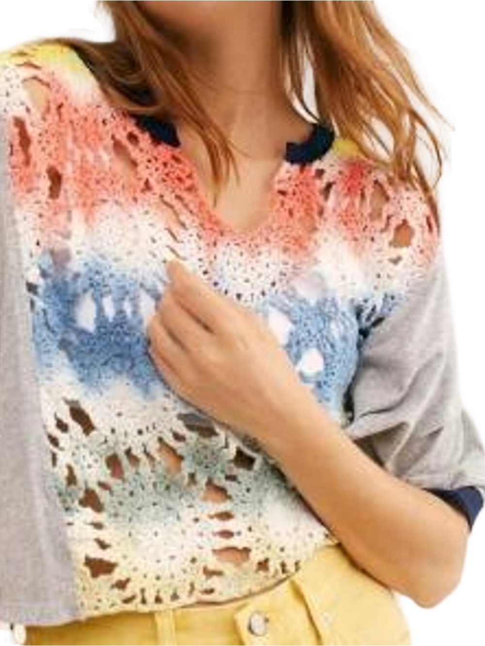🧶👘🧵 Free People Joshua Tee Crotchet Multicolor Crop Top Open Weave Knit🧵👘🧶 - Picture 2 of 7